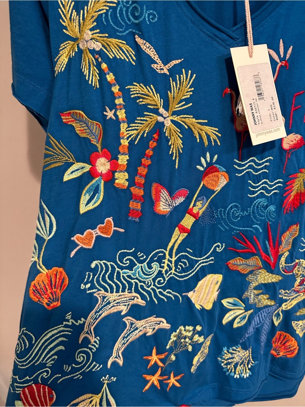 NWT Johnny Was Florida Everyday Tee Teal Embroidered XS 100% cotton - Picture 6 of 9